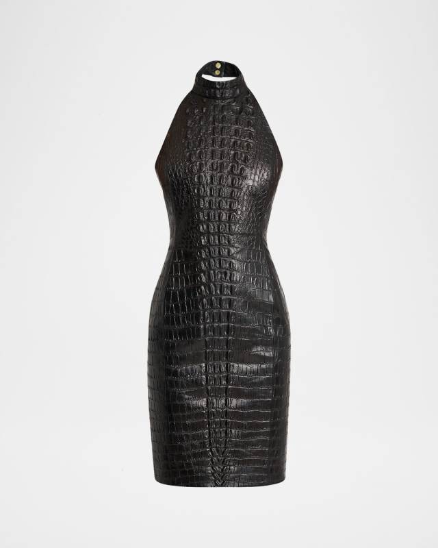 Croc-Embossed Leather Halter Dress